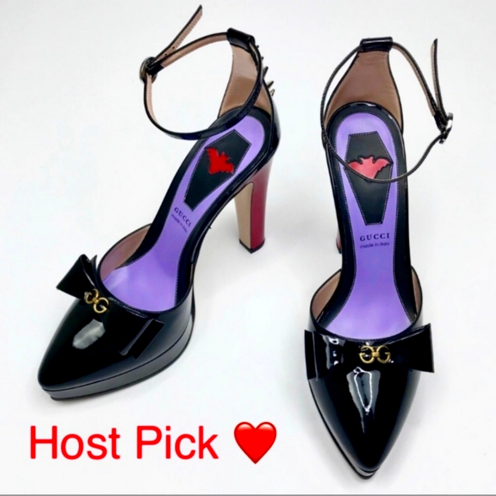 Gucci Black Patent Leather Bow Spike Red Heel Pump WITH BOX